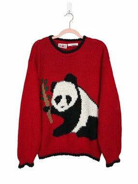 Vintage Hand Knit Panda Sweater 22W Graphic Novelty Cozy Cottagecore Oversized